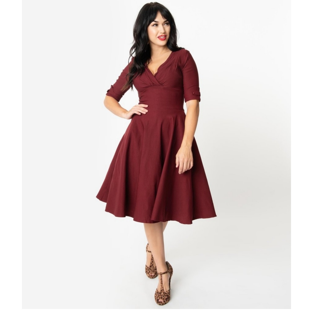 Unique Vintage Burgundy Delores Swing Dress